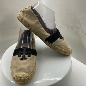 Tory Burch Weston Flat Espadrille Natural/Black Canvas/leather size 9.5